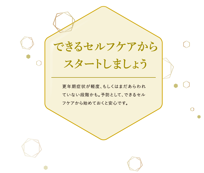 できるセルフケアからスタートしましょう 更年期症状が軽度、もしくはまだあらわれていない段階かも。予防として、できるセルフケアから始めておくと安心です。